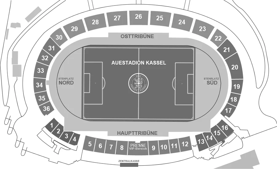 Blockplan des Auestadions Kassel mit Haupttribüne, Osttribüne sowie Stehplatz Nord und Süd