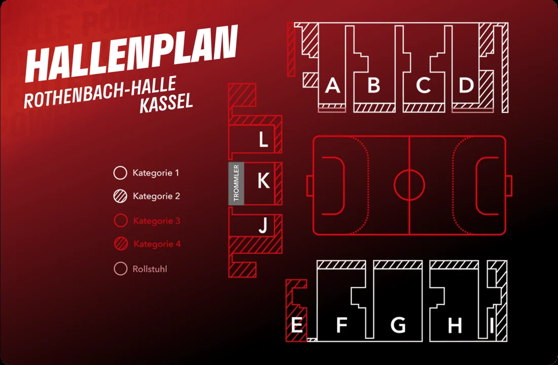 Hallenplan der Rothenbach-Halle Kassel mit den Kategorien 1 bis 4 und den Blöcken A bis L